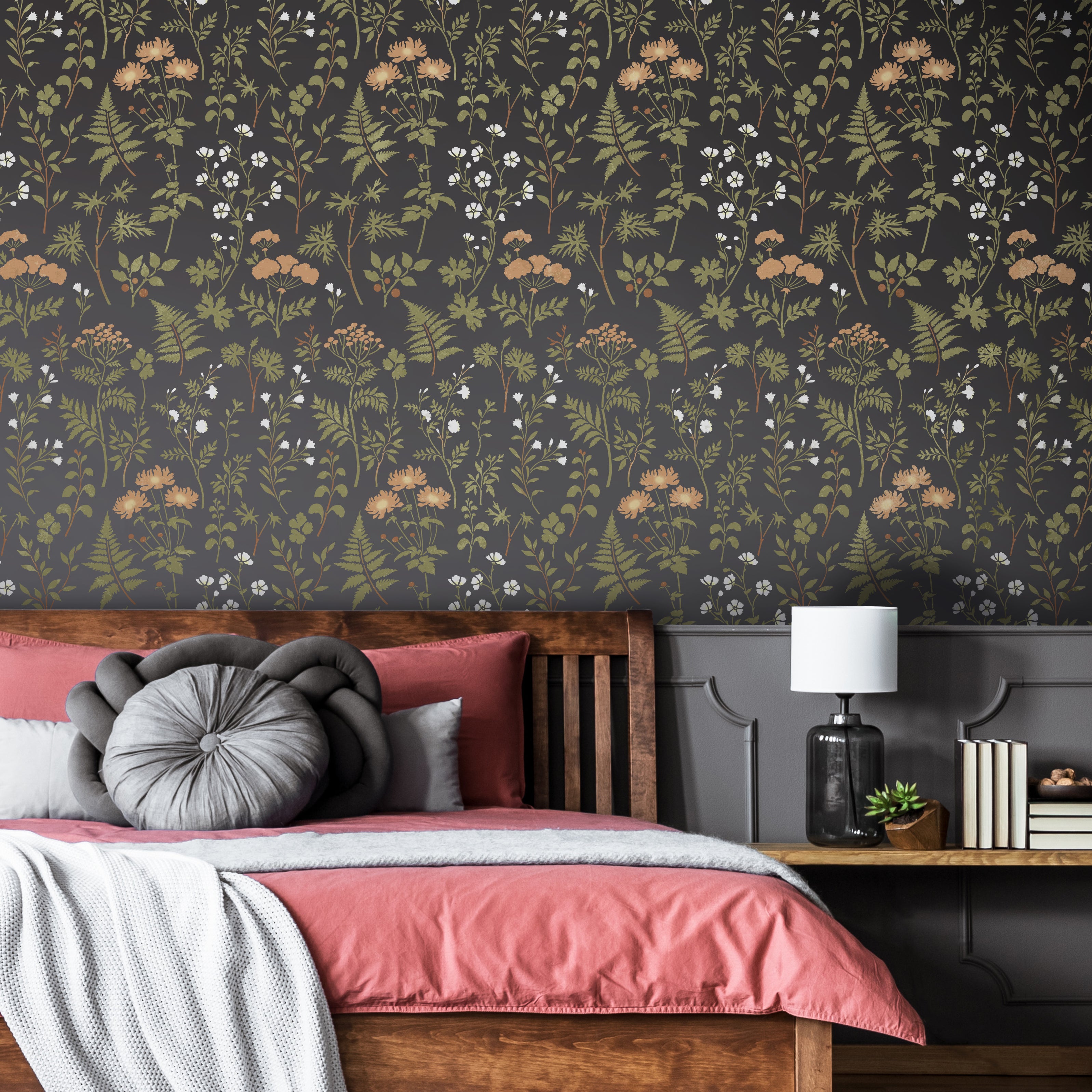 dark and moody botanical stenciled floral wall