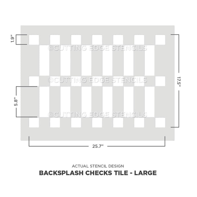 Backsplash Checks Tile stencil design with dimensions on a white background