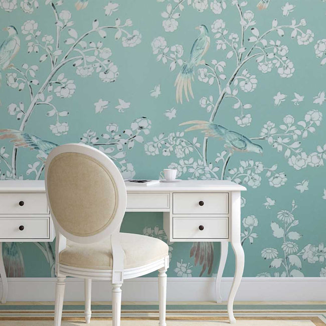 Birds and roses chinoiserie wall mural stencil