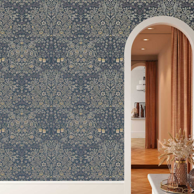 blue entryway william morris stencil neutral colors wood floors