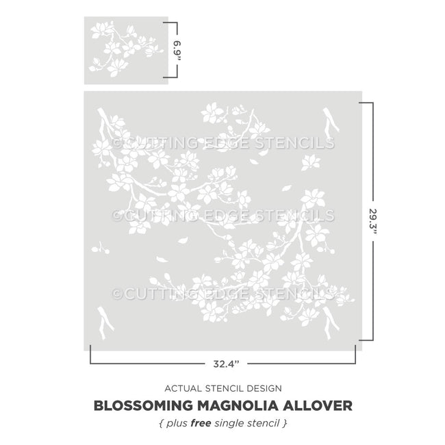 blossoming magnolia stencil graphic with dimensions from cutting edge stencils