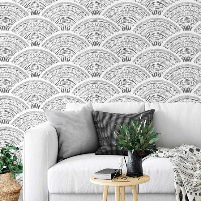 Boho Fans Wall Stencil in Charcoal Living Room