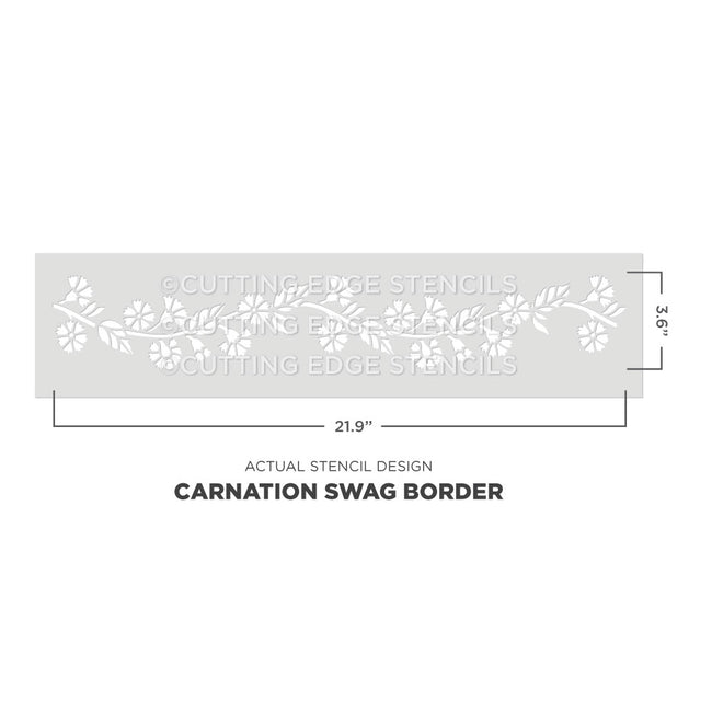 carnation swag border stencil with dimensions on a white background