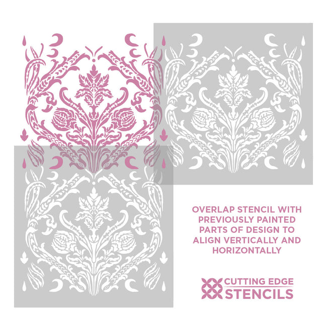 Decorative stencil with pink and white design on a gray background, featuring Cutting Edge Stencils logo.