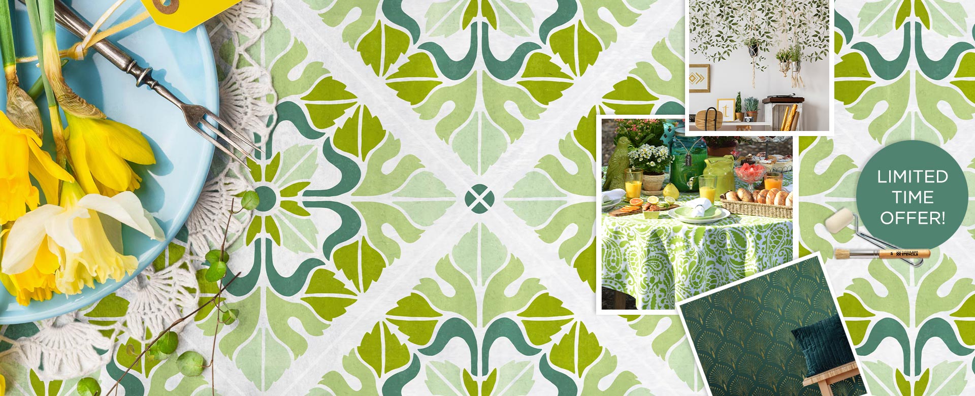 Decorative green and white stenciled tiles with a collage of additional stenciled rooms with green decor
