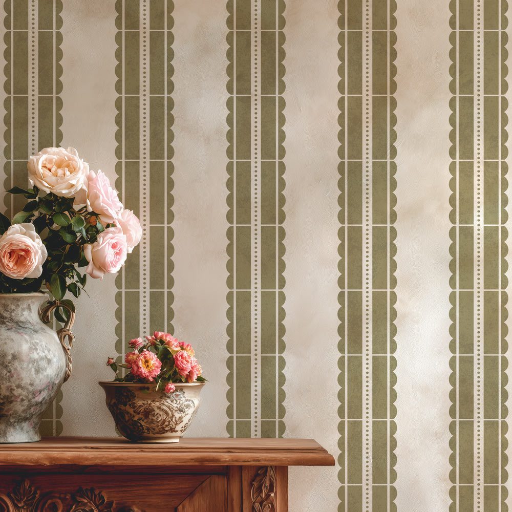Decorative wall stencil with vertical stripes and a wooden console table with floral arrangements.