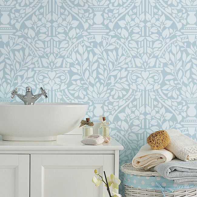 blue bathroom earl west damask wall stencil classic design white accents