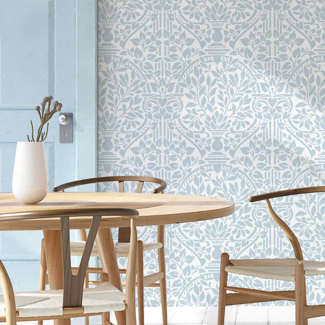 breakfast nook kitchen wall white wall blue design earl west damask stencil
