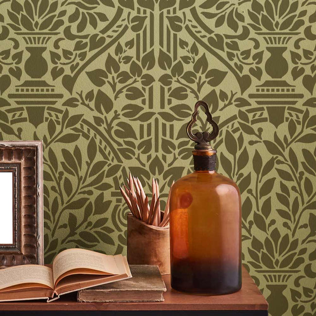 green stencil design earl damask office space dark walls leafy design