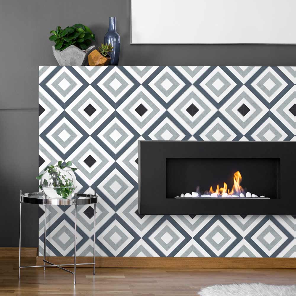 Modern Fireplace featuring the echo tile stencil in grey and blue