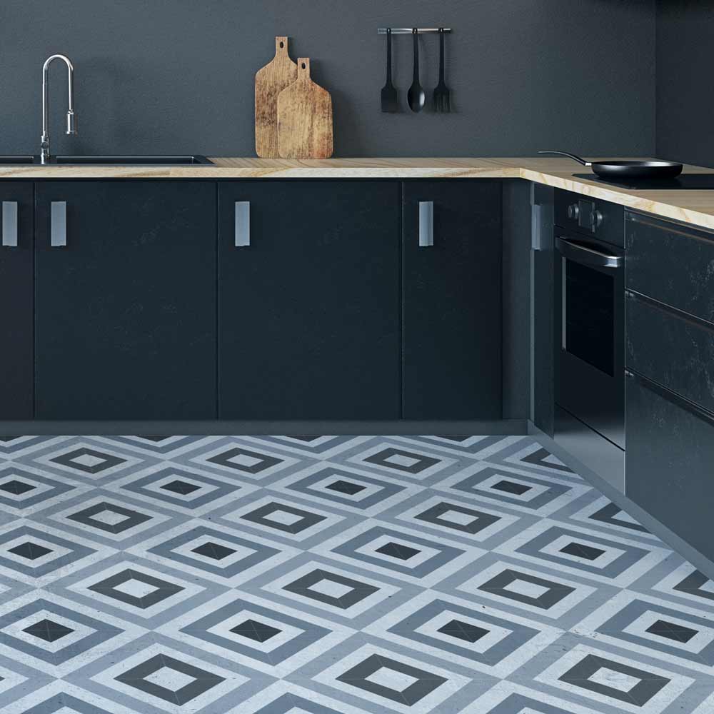 echo tile stenciled kitchen floor in grey