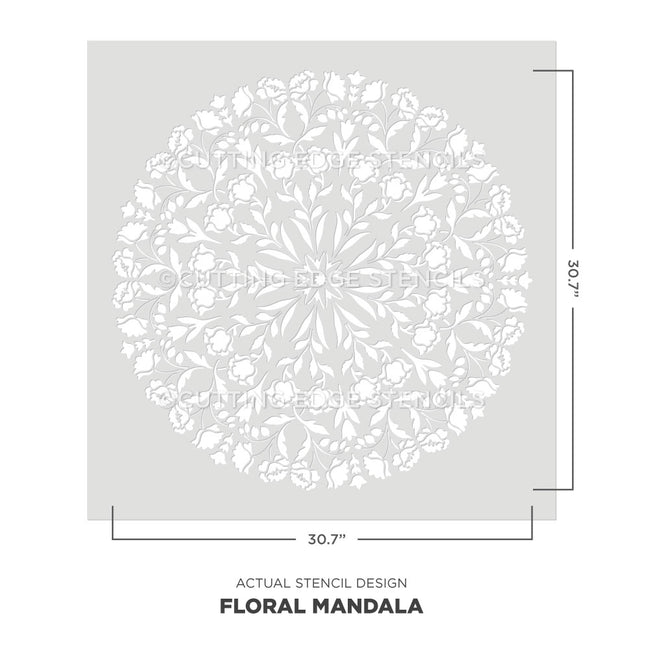Large Floral mandala stencil with dimensions on a white background