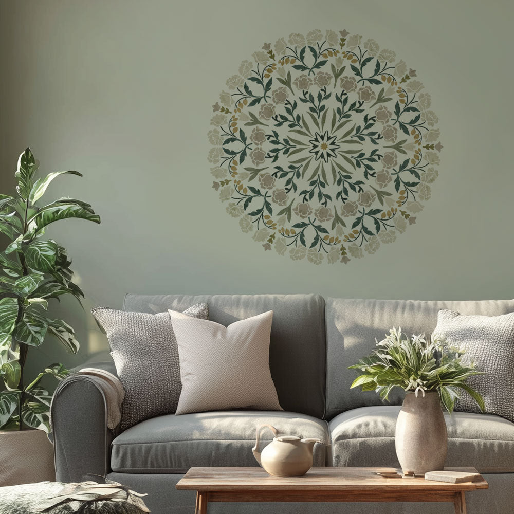 large floral mandala stencil medallion on a green living room wall
