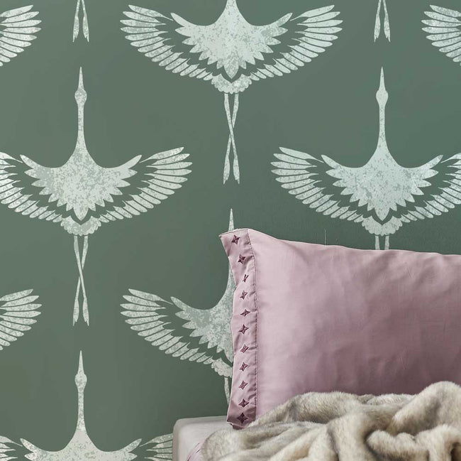 green living room flying cranes