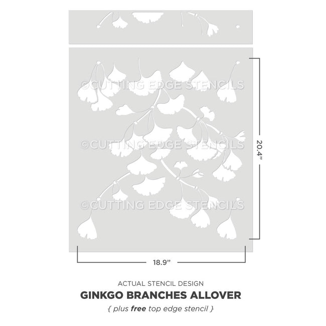 graphic with dimensions for the ginkgo branches allover stencil from cutting edge stencils