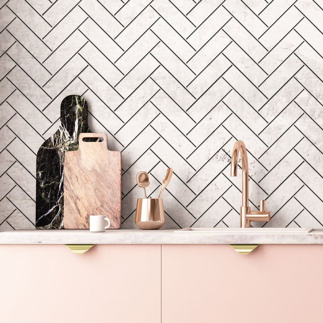 stone affect herringbone pink kitchen