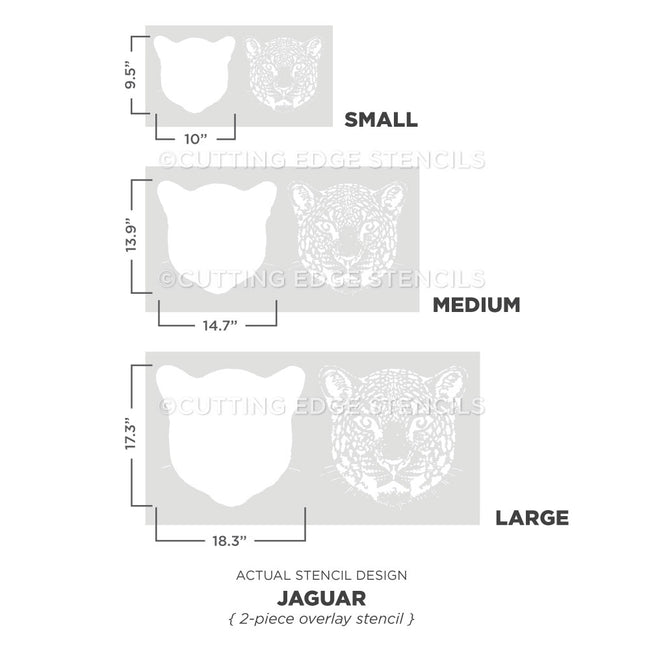 Dimensions and design of Jaguar stencils by Cutting Edge Stencils on a white background