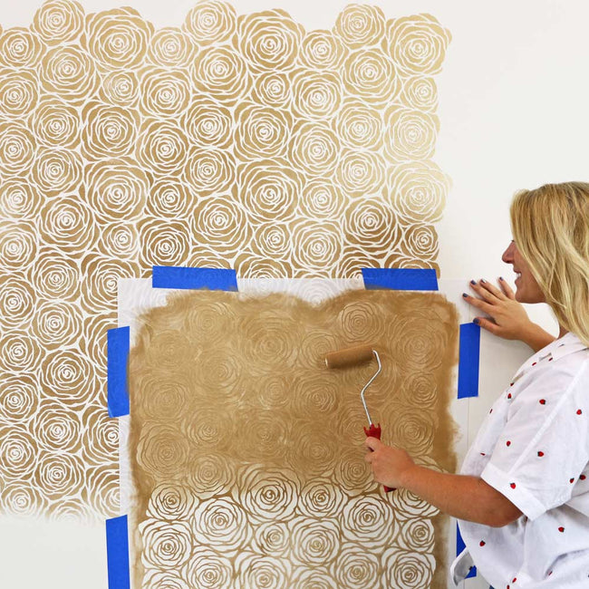 roses floral wall stenciled in gold paint color