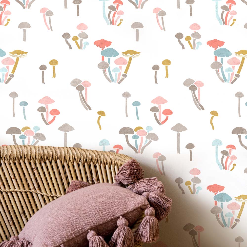 multi color mushroom wall stencil living room