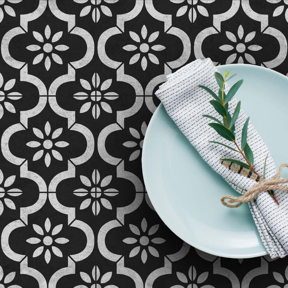 black and grey tile stencil table top