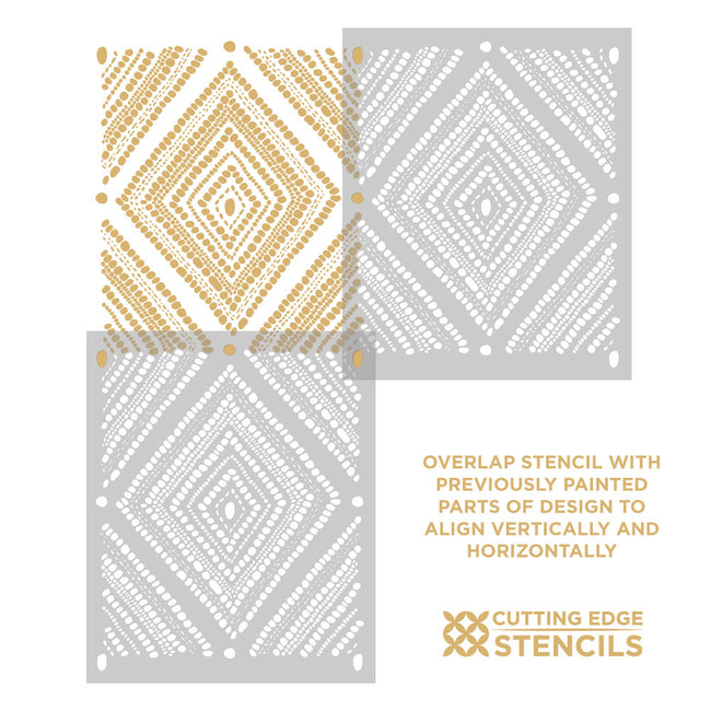 Three square stencil templates with white geometric diamond stencil patterns on a light gray background, shown with overlaid gold patterned sections and text explaining how to use them. The brand name Cutting Edge Stencils is visible at the bottom right.