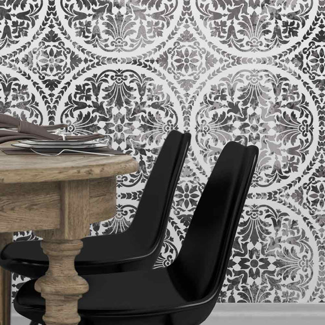 penelope wall stencil pattern on kitchen accent wall