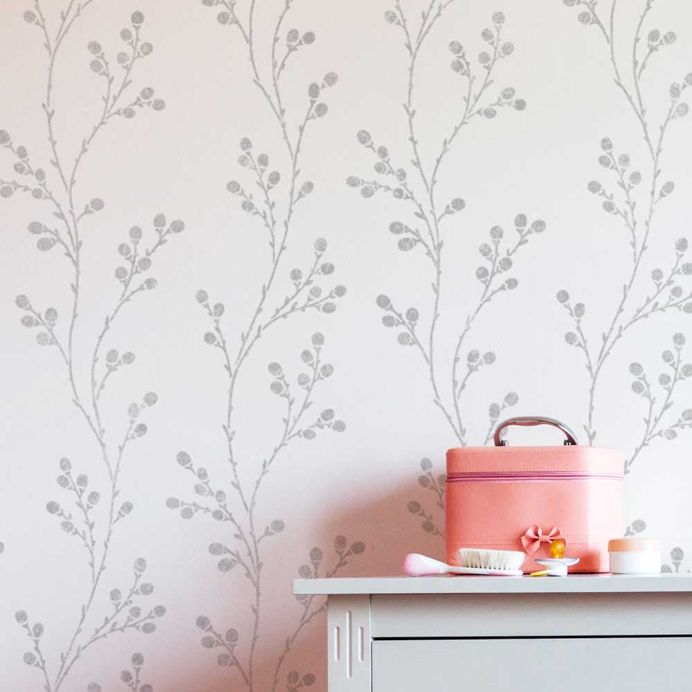 pussy willow stencil in grey and white