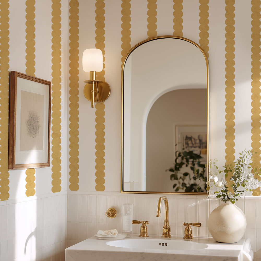 Bathroom with gold accents, mirror, and decorative wall stencil patterns.