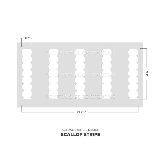 Scallop stripe stencil with dimensions on a white background