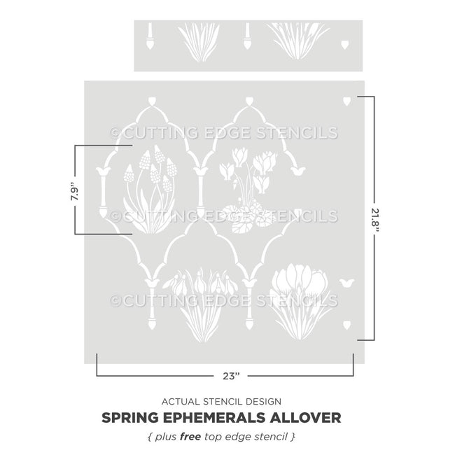 Cutting Edge Stencils spring ephemerals allover stencil with dimensions on a white background