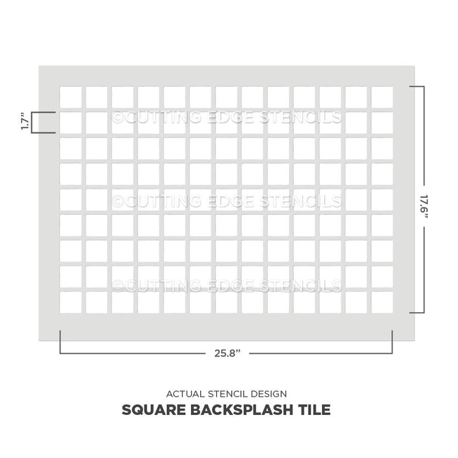 Square backsplash tile stencil with dimensions on a white background