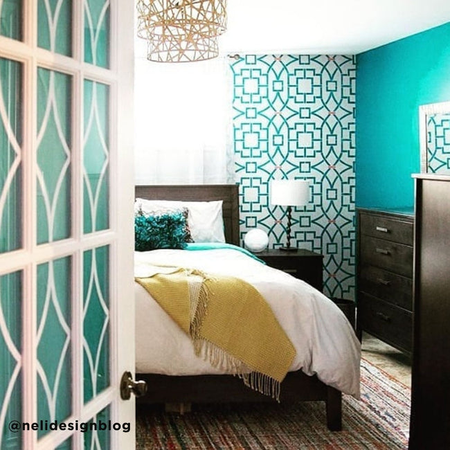 blue wall trellis stencil