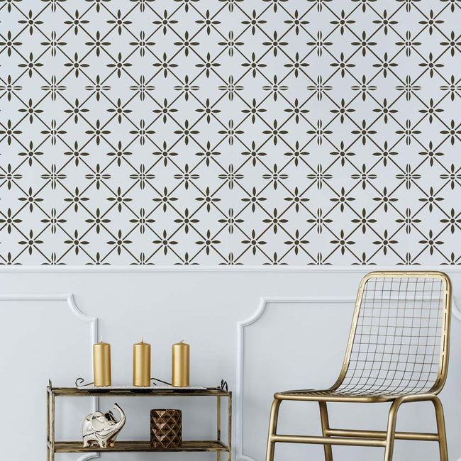 black and white stenciled wall gold accessories