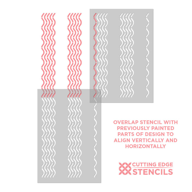 Wavy patterned stencils with instructions for use on a white background, featuring the brand 'Cutting Edge Stencils'.