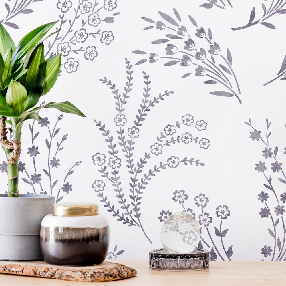 purple wild meadow stenciled wall