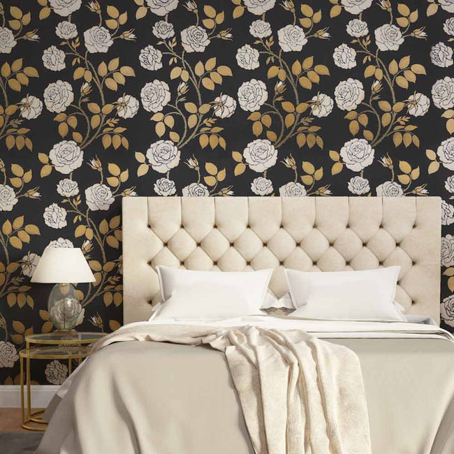 wild rose floral wall stencil pattern in white and gold