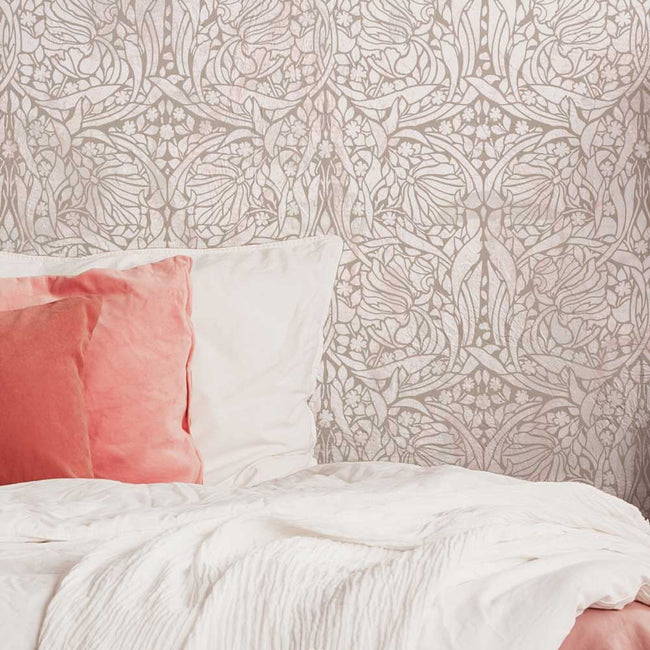 pimpernell wall stencil neutral bedroom wall white bed