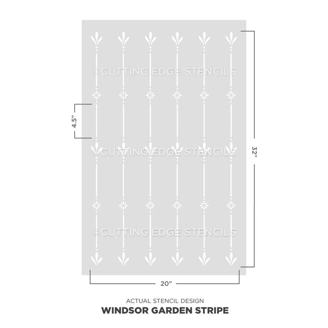Windsor Garden Stripe stencil by Cutting Edge Stencils with dimensions on a white background