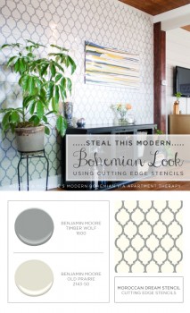 Stencil the Moroccan Dream pattern on your accent wall in Benjamin Moore timber wolf! http://www.cuttingedgestencils.com/moroccan-stencil-design.html