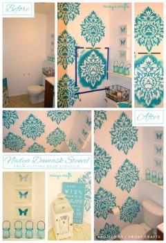 A Nadya Damask Stenciled blue bathroom idea! http://www.cuttingedgestencils.com/damask-moroccan-stencil.html