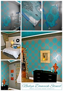 A Nadya Damask Stenciled blue master bedroom. http://www.cuttingedgestencils.com/damask-moroccan-stencil.html