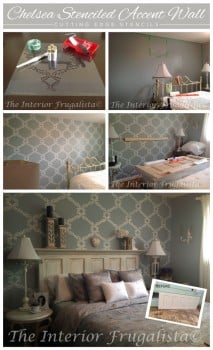 Stenciled grey bedroom uses the Chelsea Stencil from Cutting Edge Stencils. http://www.cuttingedgestencils.com/chelsea-allover-wall-pattern.html