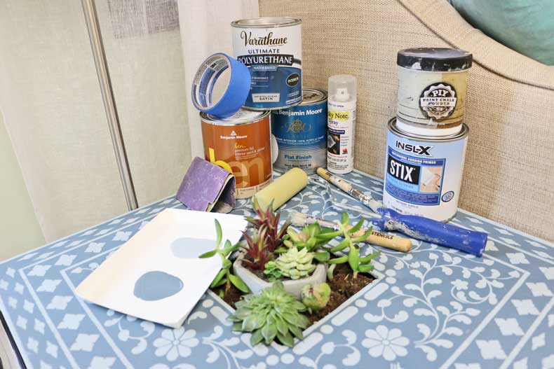 products used for DIY inlay stenciled table