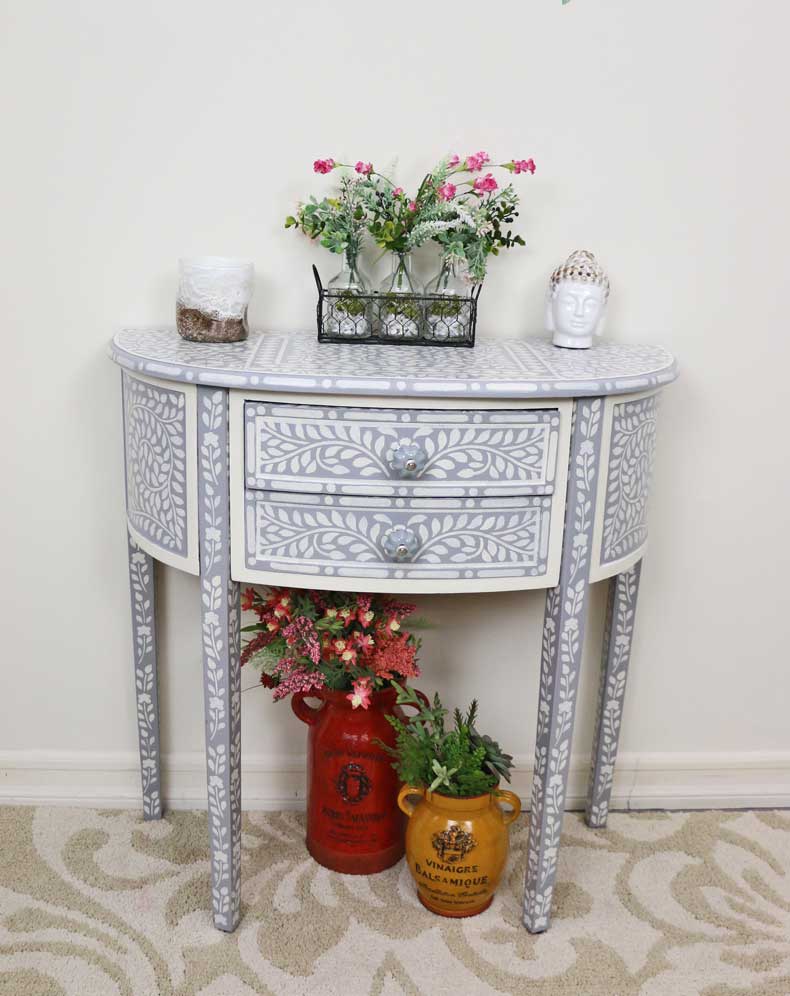 bone inlay accent table with flowers