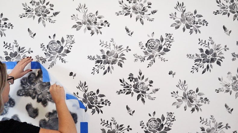 stenciled floral accent wall