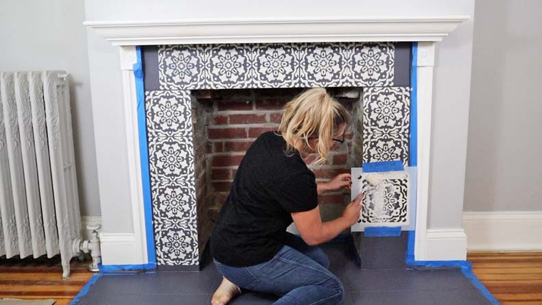 Stenciling A Fireplace Stencil, How To Paint Tile Around Fireplace