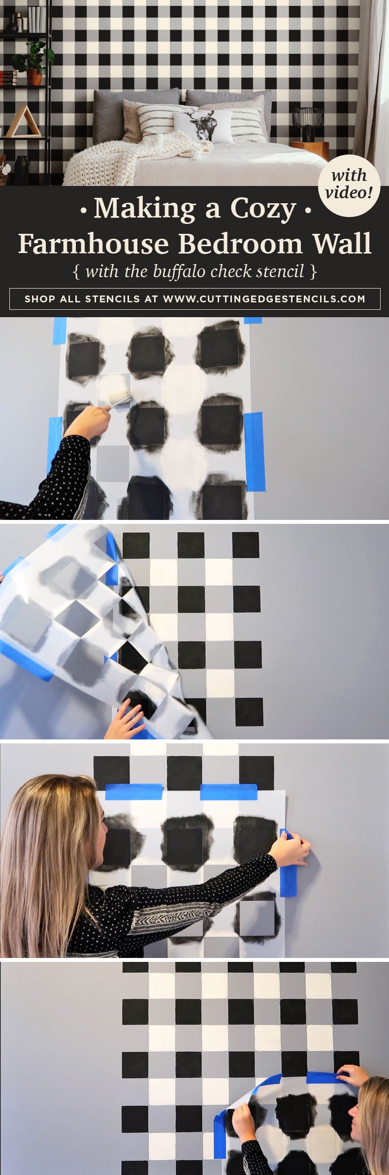 woman using wall stencil with black and white paint on a grey wall