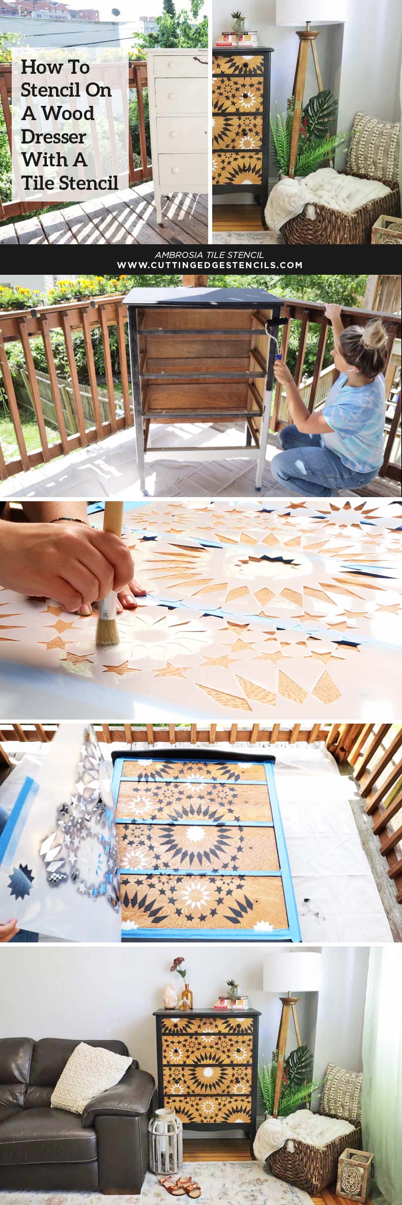 girl painting wood dresser with Moroccan tile stencil