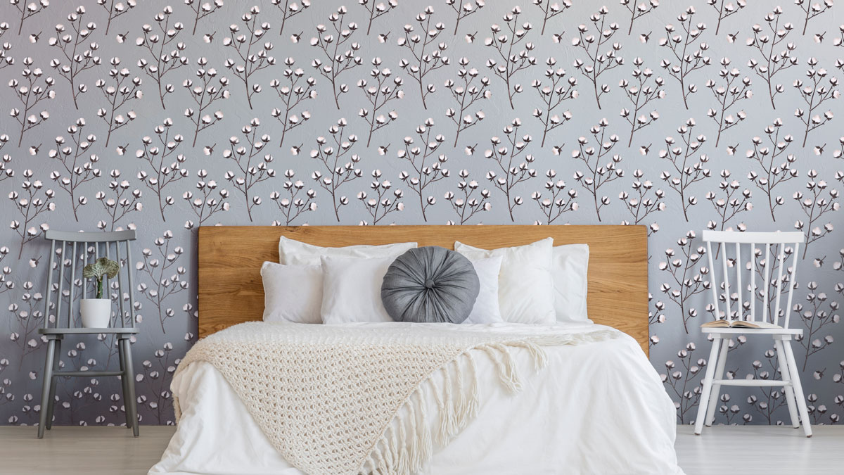 cotton floral wall stencil in bedroom