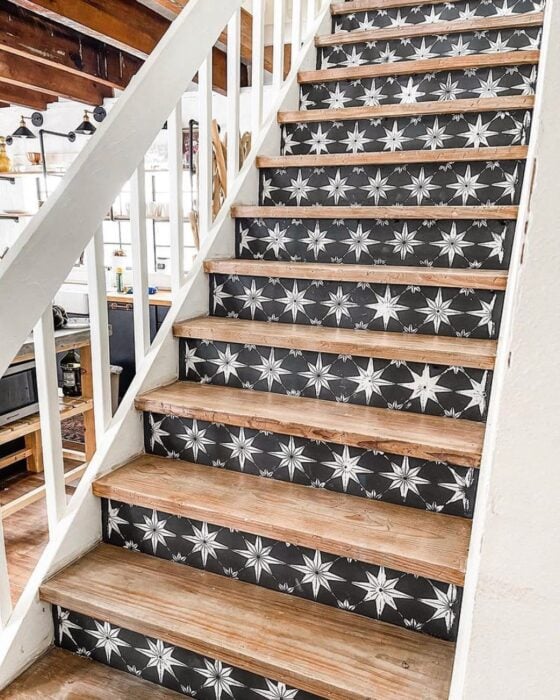 Star TIle Stenciled Modern Stairs